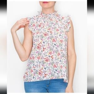 W5 Concepts Ivory Floral Sleeveless Ruffle Top Sz S